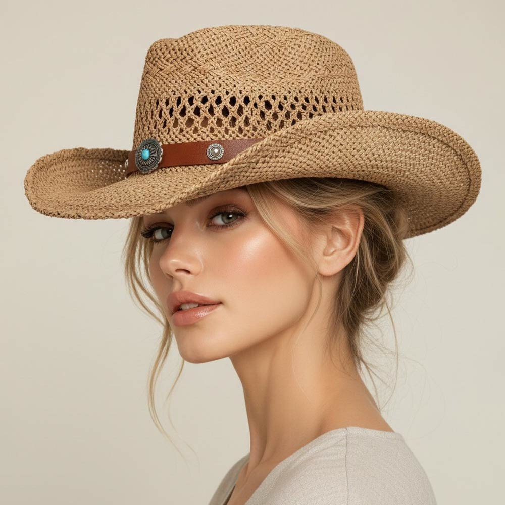 Boho Western Band Accent Breathable Woven Cowboy Fedora Sun Hat